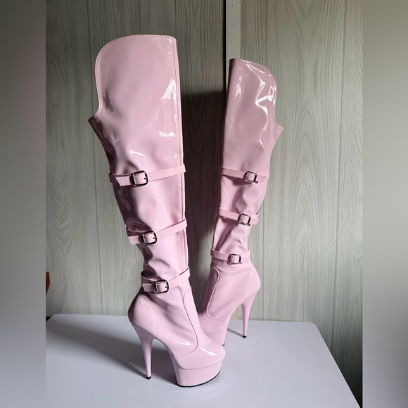 Pleaser Adore baby pink Patent Thigh High Boots - 5”1/2 Heel - Size 8 - Picture 4 of 13
